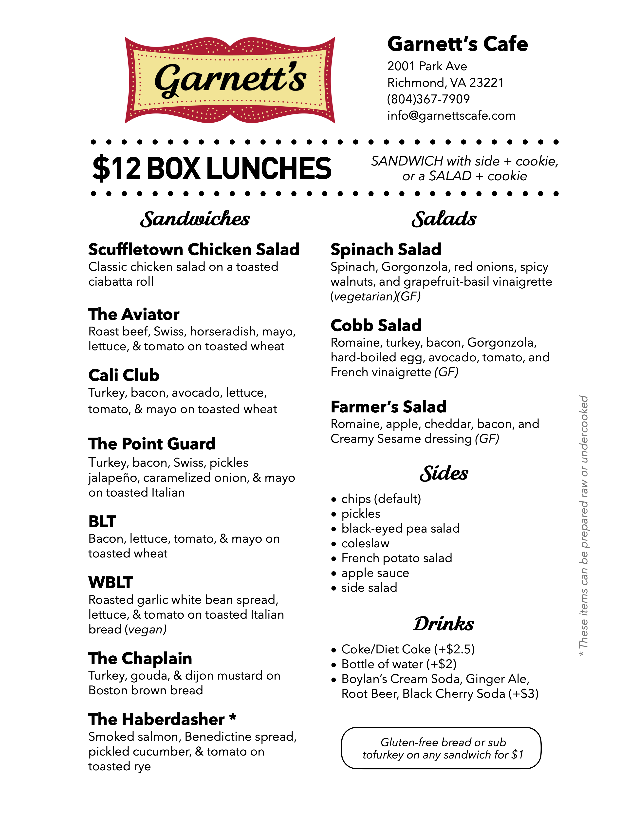 box lunch menu - sandwiches and salads